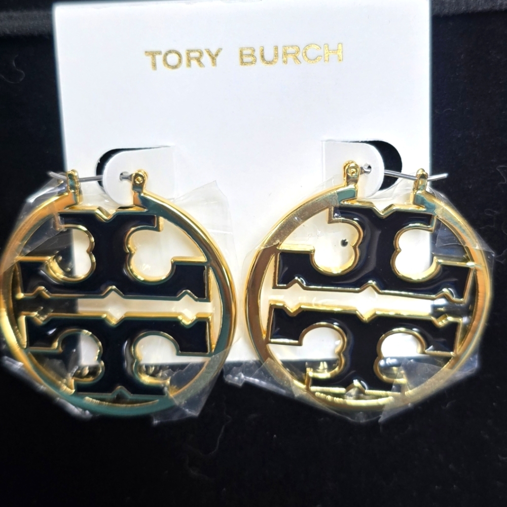 Tory Burch Black and Gold Logo Hoop Earrings
